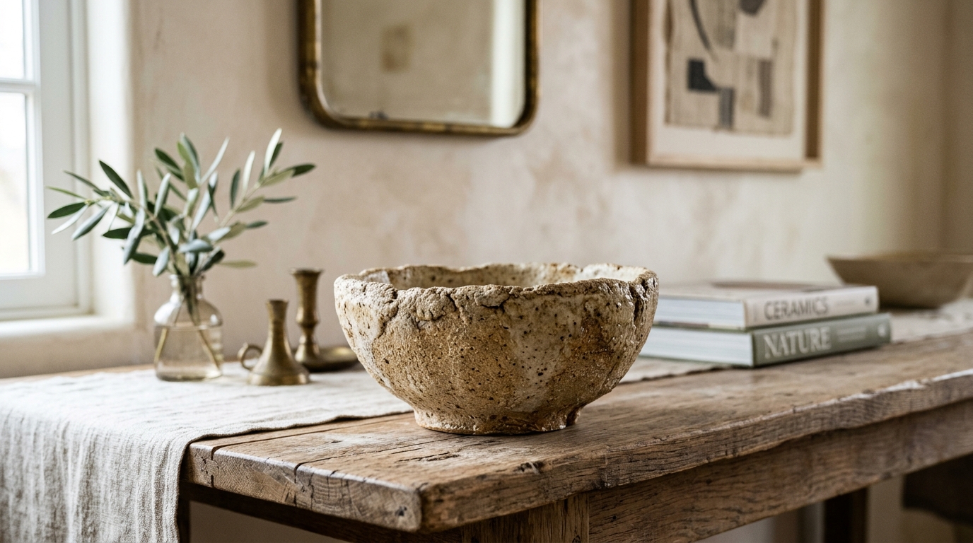 Artisan-crafted ceramic catch-all bowl resting on a travertine surface, highlighting organic modern textures.