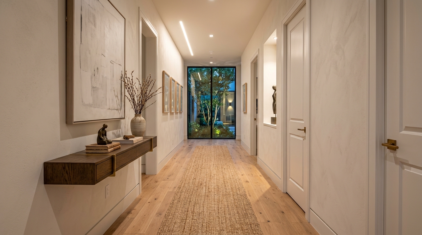 Architectural layout of a modern vestibule showing 36-inch walkway clearances and a hand-knotted jute runner leading into an open-plan living area.