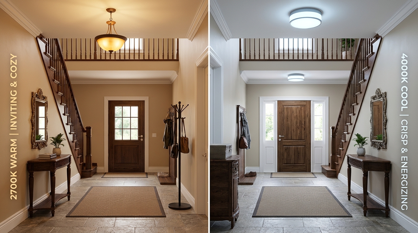 The difference between 2700K and 4000K lighting demonstrated in a side-by-side architectural visualization of a home entry.