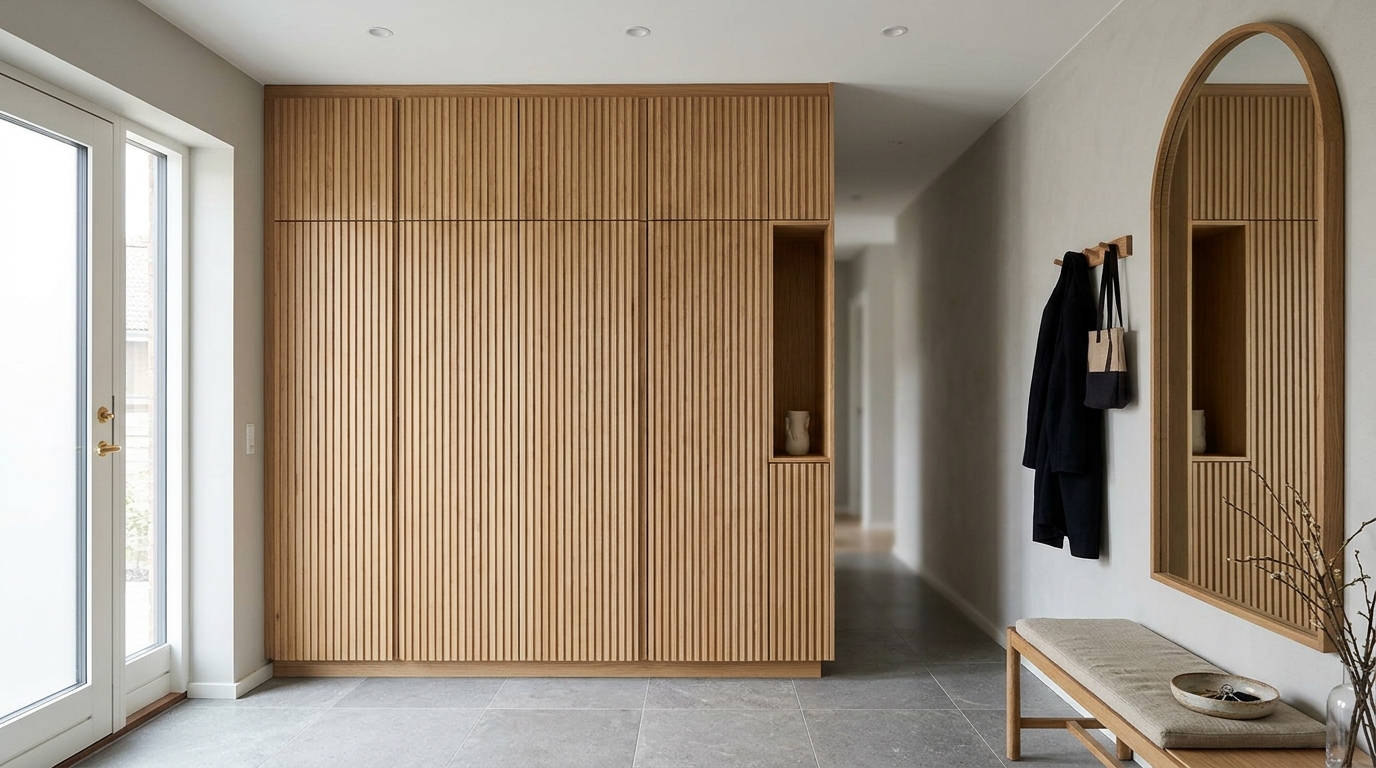 Custom millwork in a small foyer providing seamless storage for coats while maintaining clean, architectural lines.