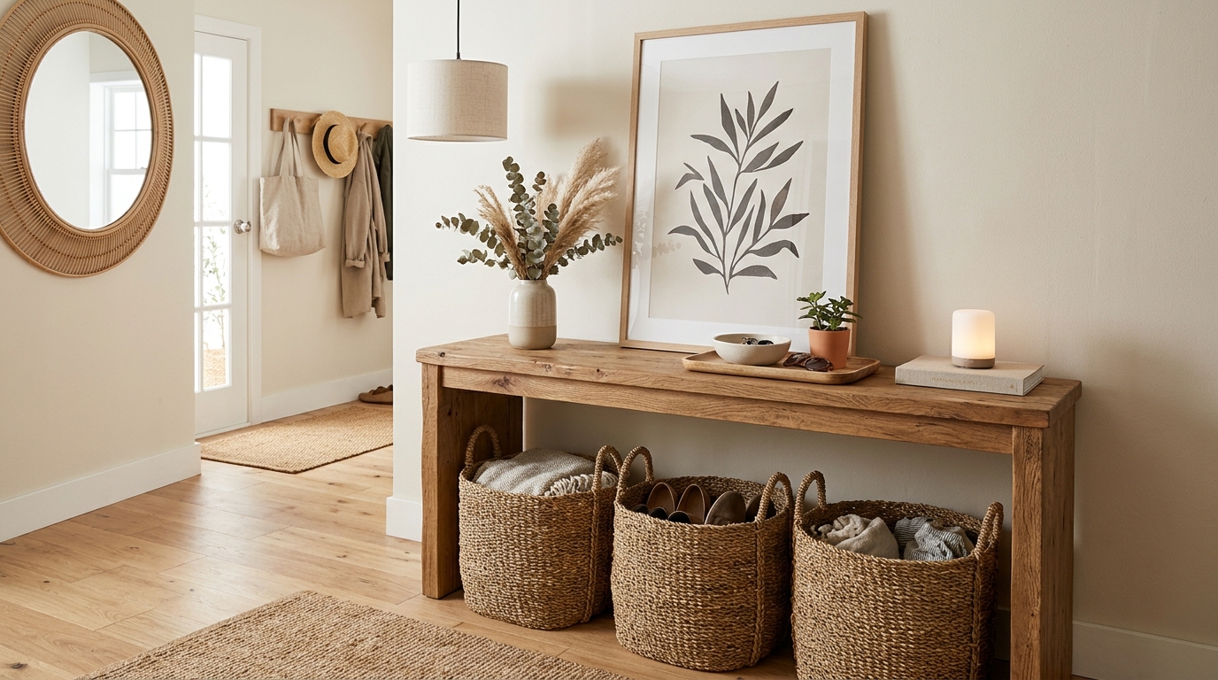 Hand-woven seagrass baskets tucked under a console table for organic, hidden storage in a busy family foyer.