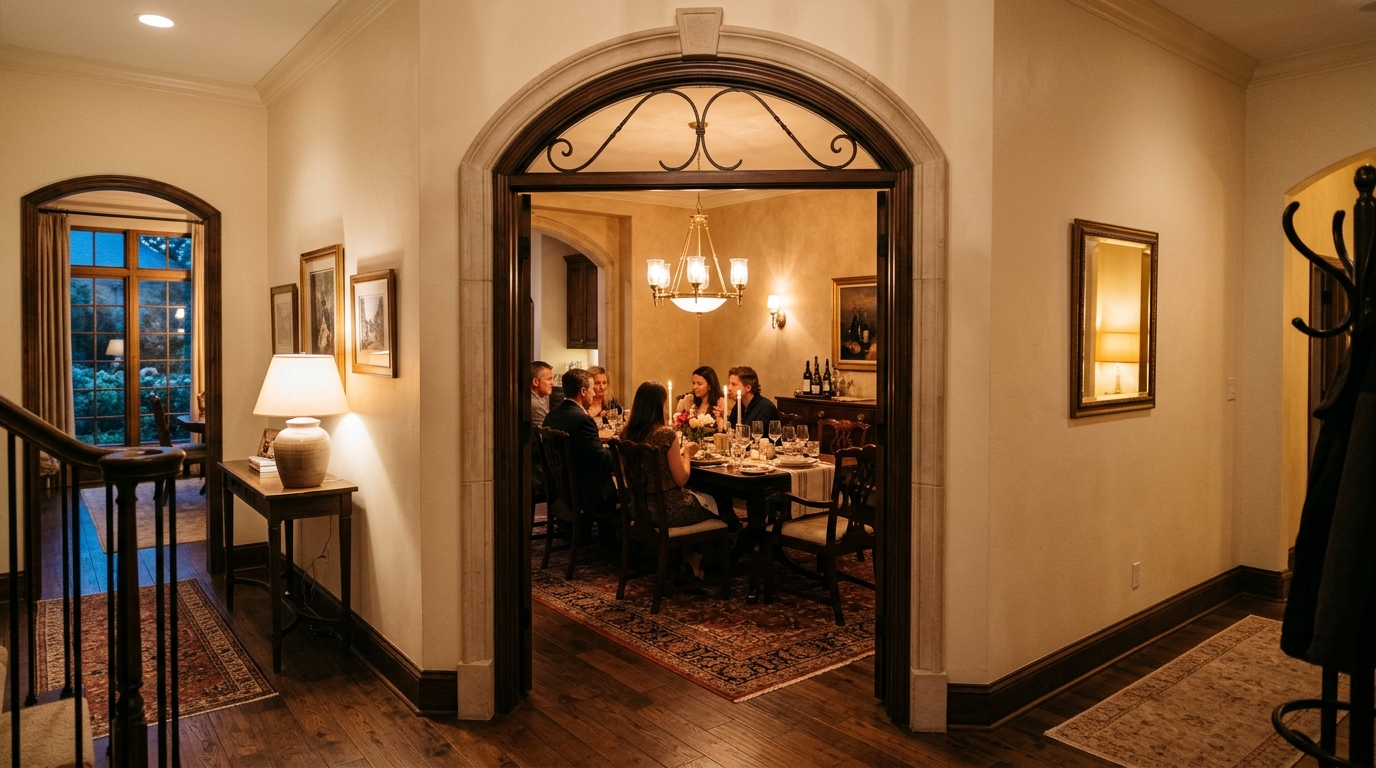 Architectural sightlines from the foyer looking into a light-filled dining room, emphasizing the importance of transition.