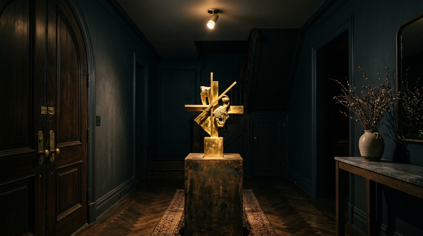 A moody, dark-toned foyer using Farrow and Ball Railings paint to create a sophisticated sense of enclosure and intimacy.