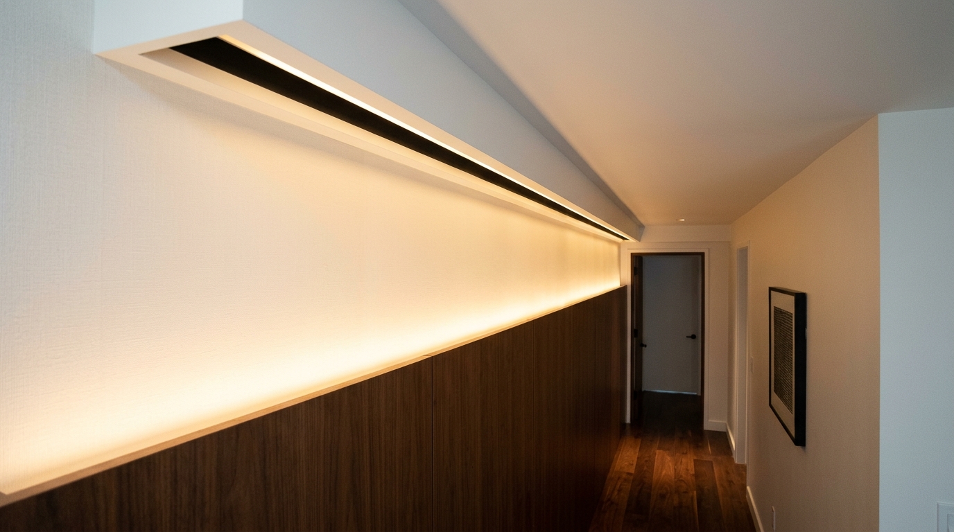 High-CRI LED strip lighting recessed into a ceiling cove to provide a soft, shadowless glow in a narrow corridor.