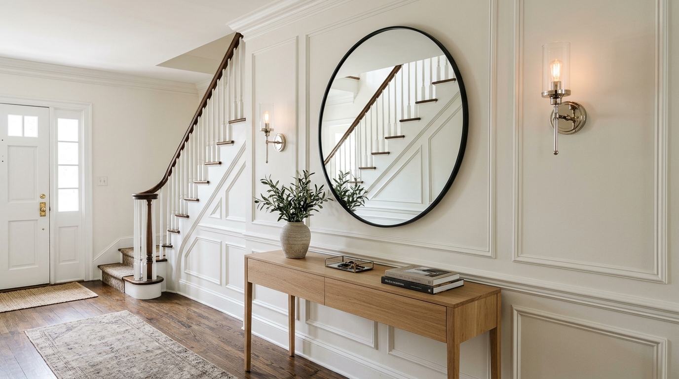 Polished nickel hardware and glass accents in a traditional foyer updated with organic modern sensibilities.