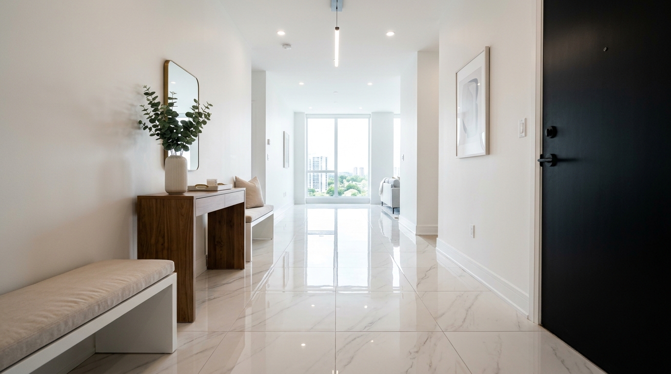 Reflective architectural surfaces: how glossy floor tiles and mirrors work together to brighten a windowless entryway.