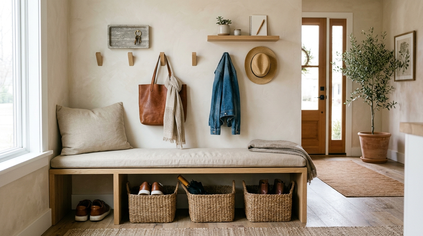 A functional Organic Modern drop zone featuring a built-in oak bench with 18-inch seat height and minimalist storage solutions for an organized entryway.