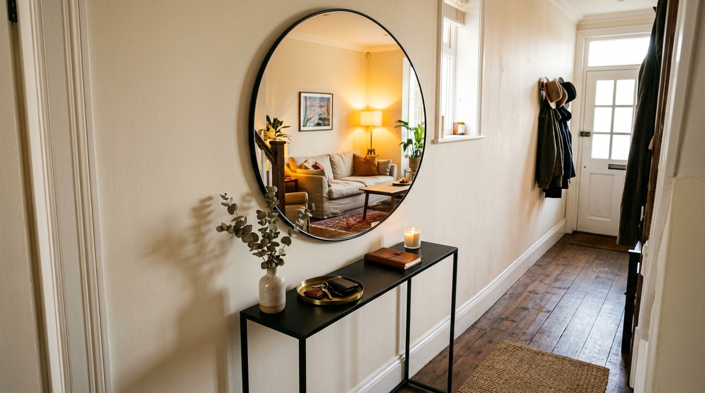 Sophisticated narrow hallway with a slender black metal console and a oversized round mirror to maximize perceived spatial depth.