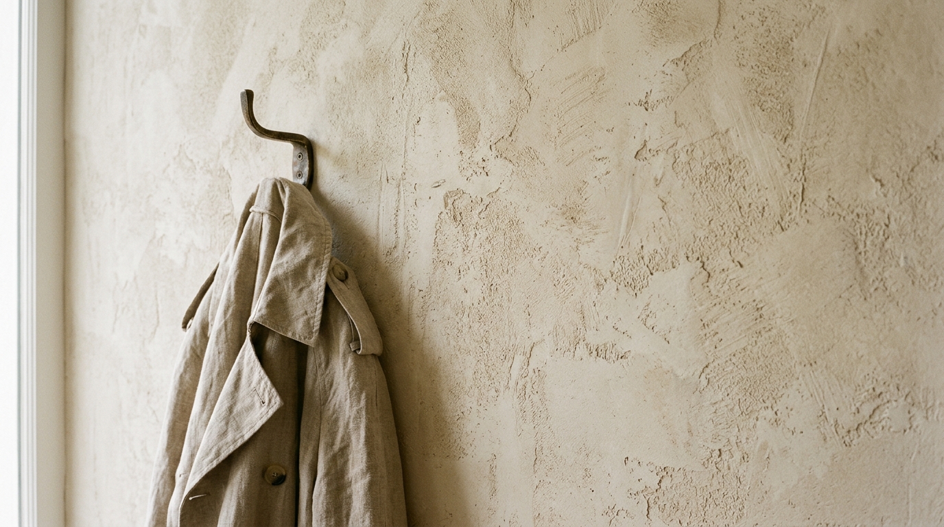 The soft, velvety texture of limewash walls in an entryway, captured in late afternoon natural light coming through a glass-paneled door.