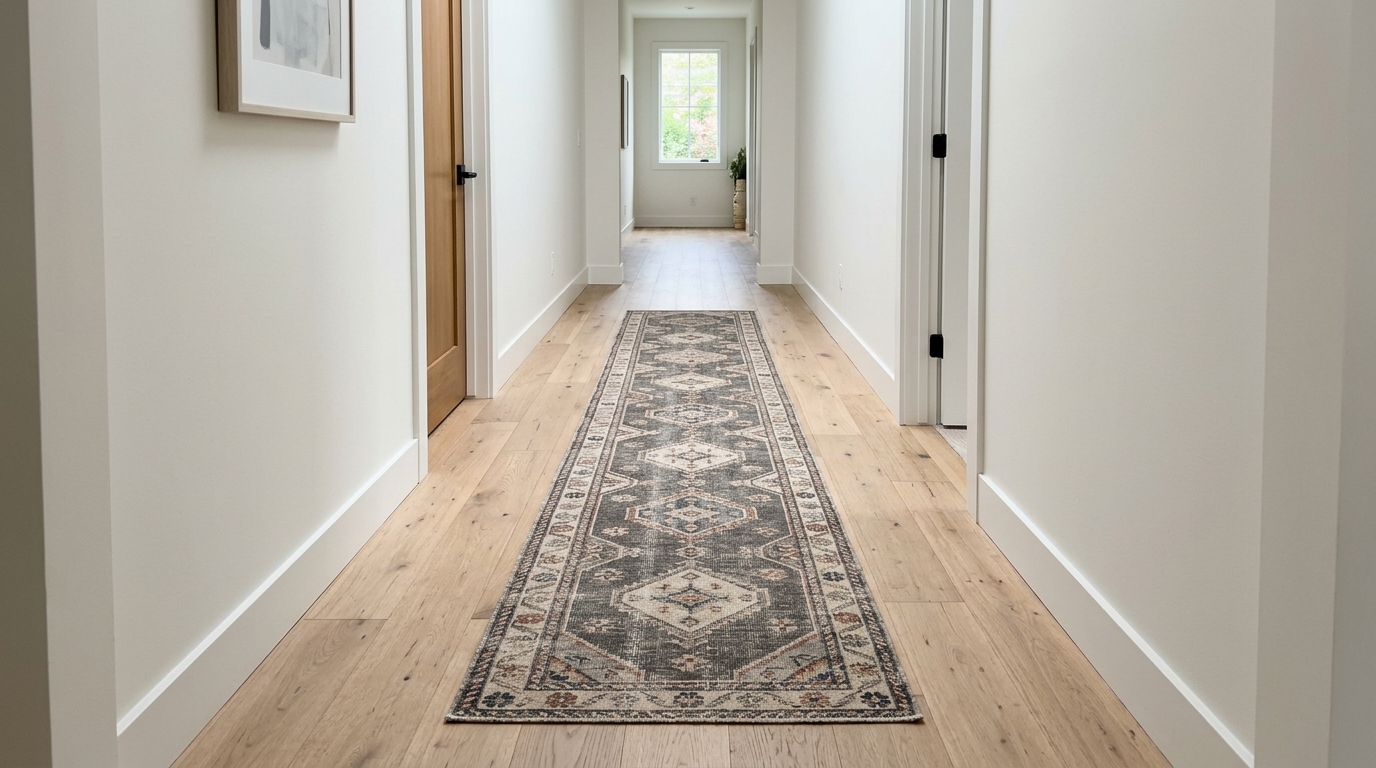 A vintage Oushak narrow hallway runner rug providing color and acoustic dampening in a minimalist transitional space.