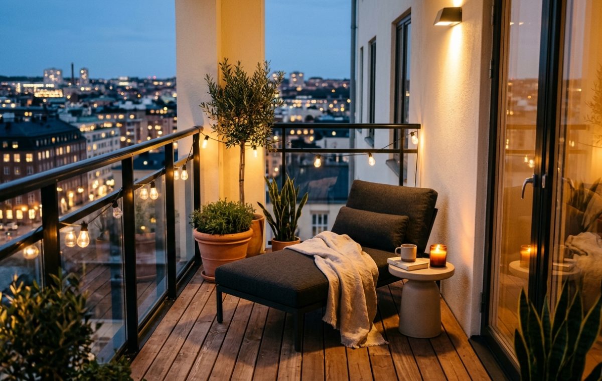 High-end small apartment balcony ideas featuring a 2700K warm glow and a low-slung lounge chair on slatted Ipe wood.