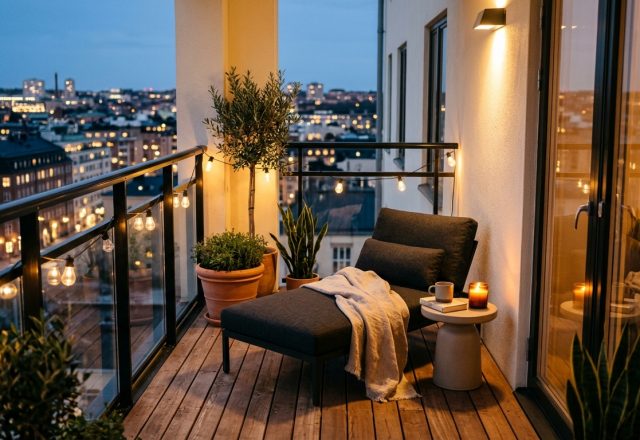 High-end small apartment balcony ideas featuring a 2700K warm glow and a low-slung lounge chair on slatted Ipe wood.