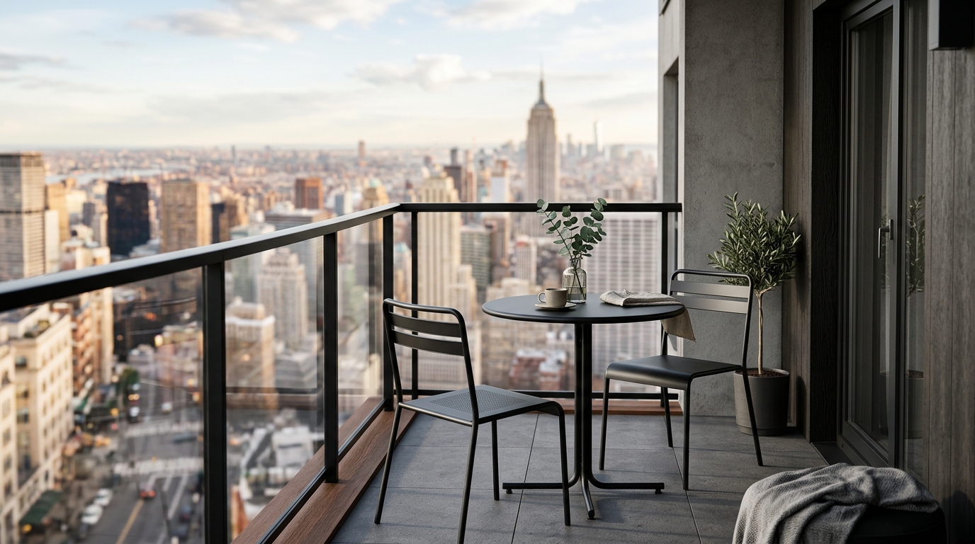 Compact weatherproof furniture for urban patios including a slim-profile metal bistro set in a charcoal powder-coat finish. Compact weatherproof furniture for urban patios including a slim-profile metal bistro set in a charcoal powder-coat finish.