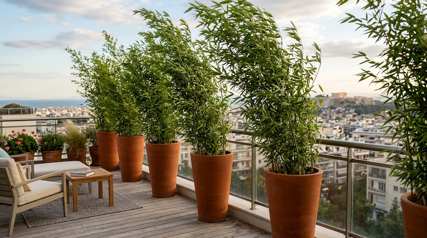 A collection of best plants for small apartment balcony privacy featuring clumping bamboo and tall terracotta pots. A collection of best plants for small apartment balcony privacy featuring clumping bamboo and tall terracotta pots.
