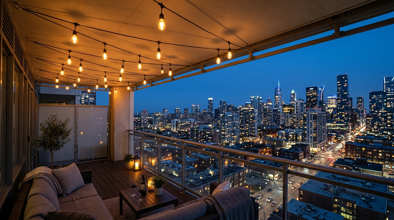 Modern balcony string lights layout with tensioned cables and 2700K Edison bulbs over a cozy seating area. Modern balcony string lights layout with tensioned cables and 2700K Edison bulbs over a cozy seating area.
