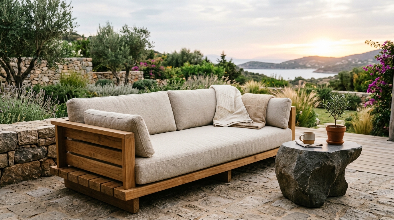 Warm minimalist outdoor seating featuring high-performance linen-look fabrics and oversized neutral floor cushions. Warm minimalist outdoor seating featuring high-performance linen-look fabrics and oversized neutral floor cushions.