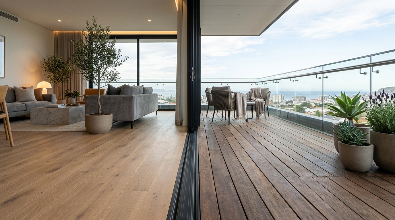 Architectural detail of a slatted Ipe wood deck transitioning seamlessly from interior hardwood flooring. Architectural detail of a slatted Ipe wood deck transitioning seamlessly from interior hardwood flooring.