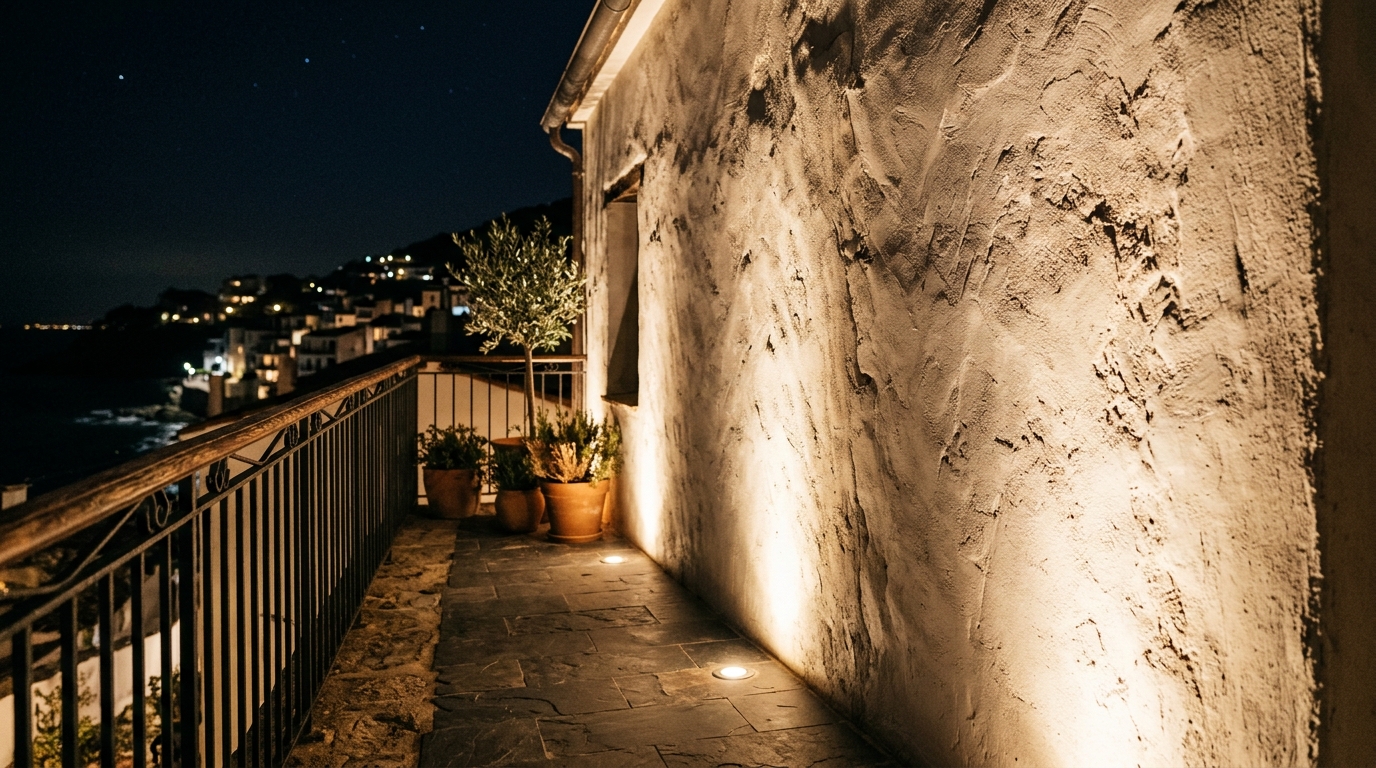 Evening view of a city balcony with 2700K recessed floor lights illuminating the texture of a limewash wall. Evening view of a city balcony with 2700K recessed floor lights illuminating the texture of a limewash wall.
