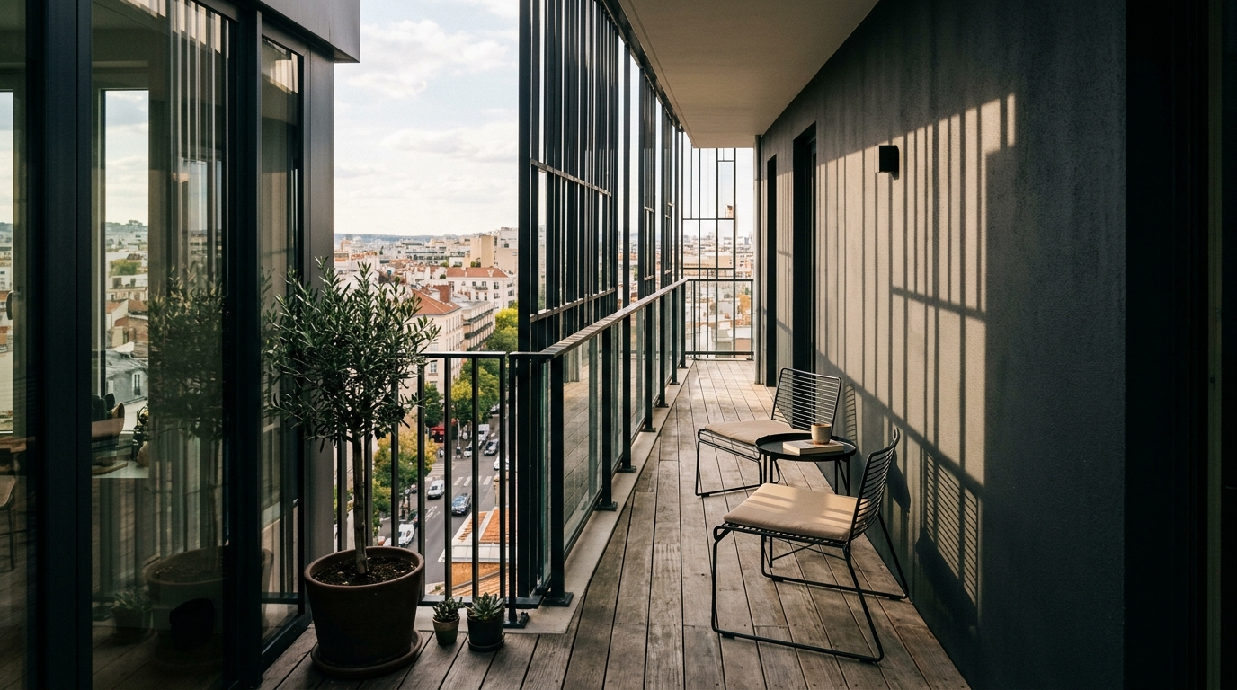 Architectural urban balcony layout showcasing a 36-inch clear walkway and minimalist furniture against a Benjamin Moore Swiss Coffee wall. Architectural urban balcony layout showcasing a 36-inch clear walkway and minimalist furniture against a Benjamin Moore Swiss Coffee wall.