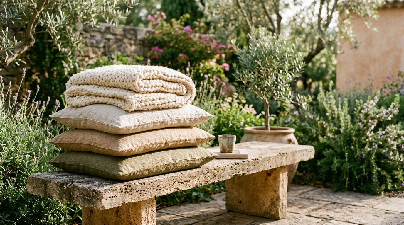 Texture study of honed travertine stone and soft wool-blend outdoor throws on a minimalist balcony. Texture study of honed travertine stone and soft wool-blend outdoor throws on a minimalist balcony.