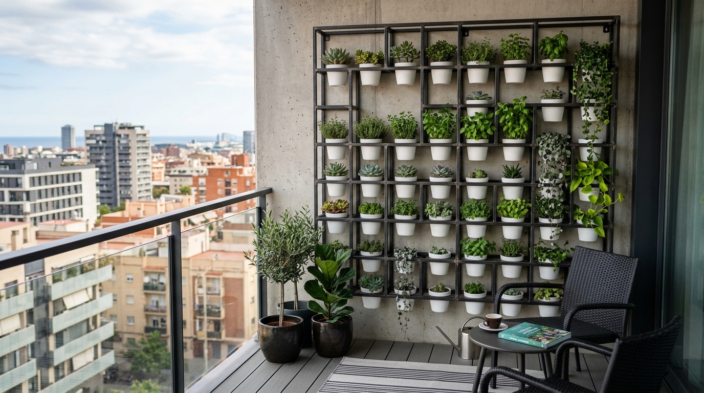 Vertical garden design using a blackened steel grid and small geometric ceramic planters. Vertical garden design using a blackened steel grid and small geometric ceramic planters.
