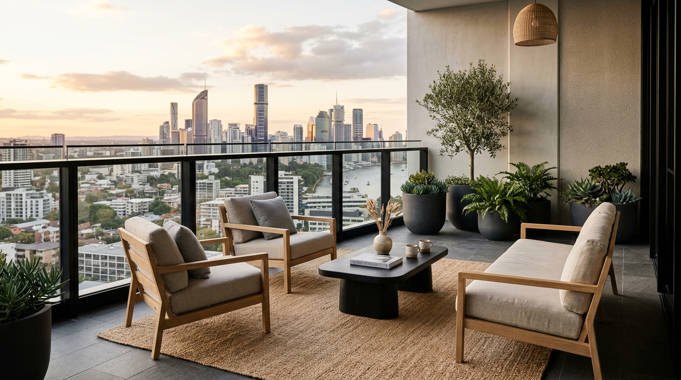 High-contrast design featuring black metal railings and soft, sand-colored outdoor rugs on an urban terrace. High-contrast design featuring black metal railings and soft, sand-colored outdoor rugs on an urban terrace.