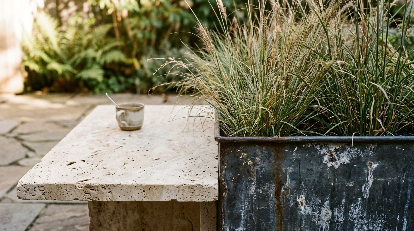 Detail shot of tactile materials for a balcony: a honed travertine side table and weathered zinc planters with ornamental grasses. Detail shot of tactile materials for a balcony: a honed travertine side table and weathered zinc planters with ornamental grasses.