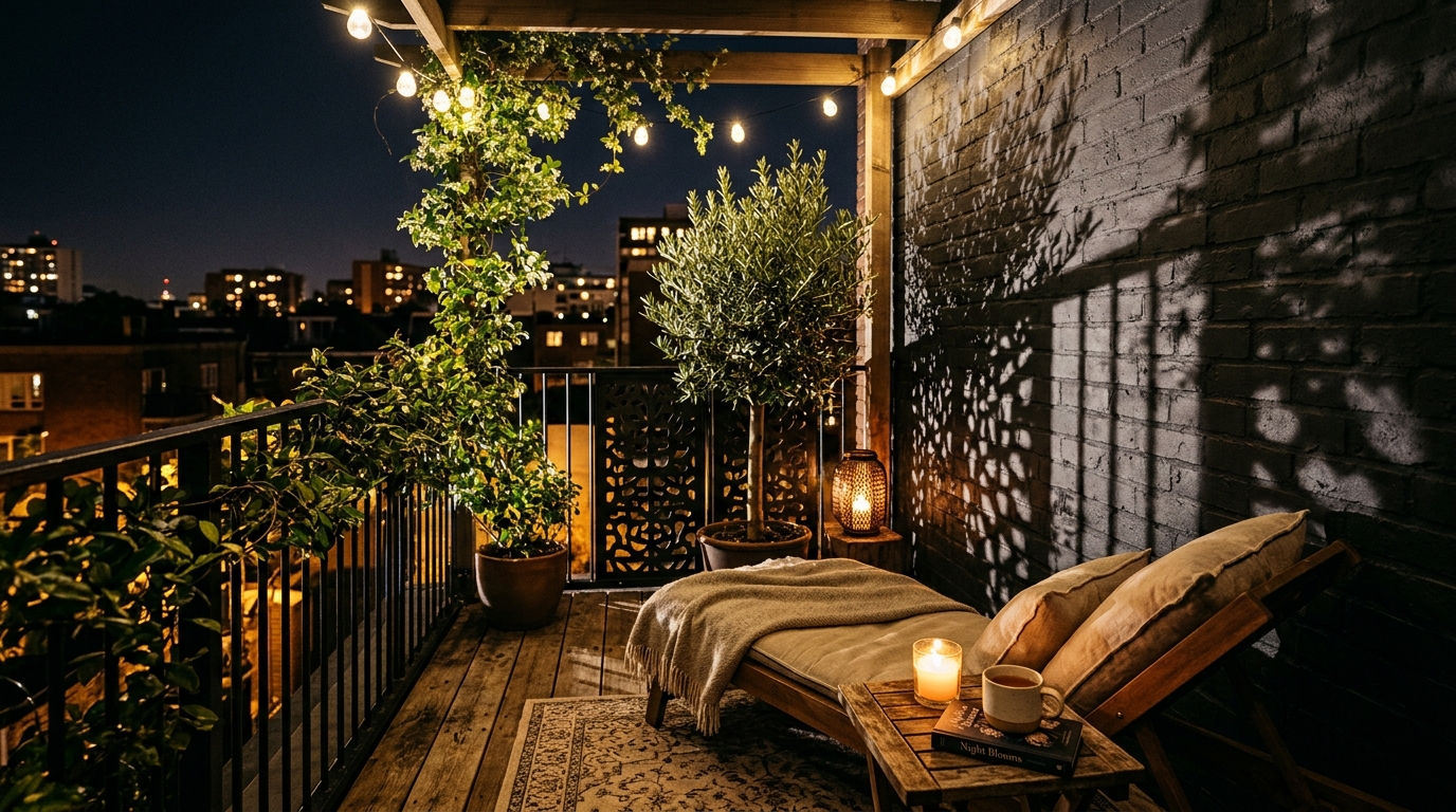 Evening atmosphere of a modern balcony with 2700K ambient lighting, highlighting the shadow play on Farrow and Ball Railings paint. Evening atmosphere of a modern balcony with 2700K ambient lighting, highlighting the shadow play on Farrow and Ball Railings paint.