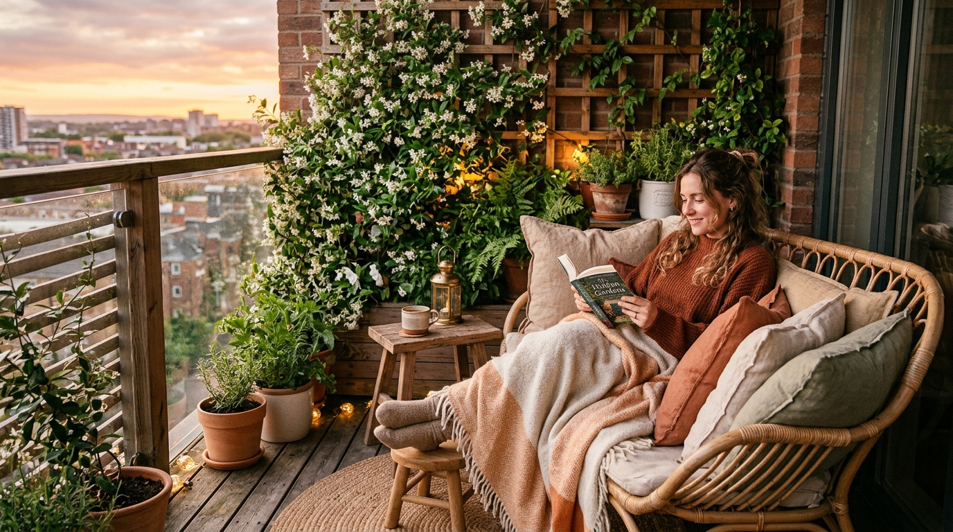 Cozy reading corner on a compact urban patio with layered outdoor textiles and a private vertical gardening system. Cozy reading corner on a compact urban patio with layered outdoor textiles and a private vertical gardening system.