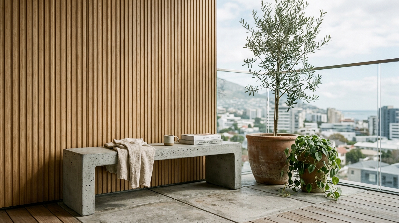 Organic modern balcony aesthetic 2025 with fluted oak wall panels and a sculptural concrete bench. Organic modern balcony aesthetic 2025 with fluted oak wall panels and a sculptural concrete bench.