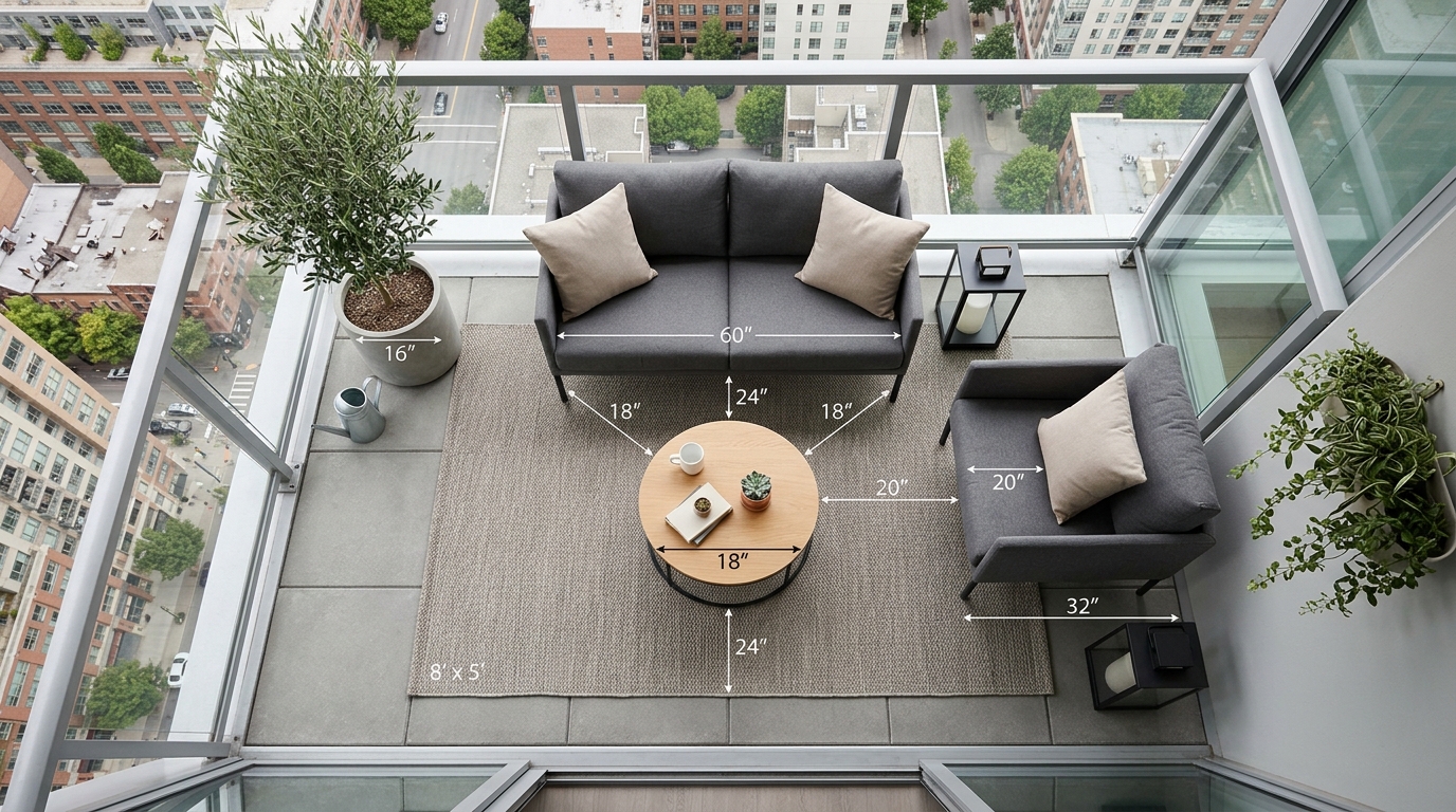Top-down view of an urban balcony layout emphasizing the 18-inch reach from a lounge chair to a stone coffee table. Top-down view of an urban balcony layout emphasizing the 18-inch reach from a lounge chair to a stone coffee table.