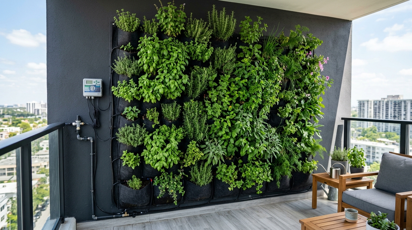 Lush vertical gardening system on a small apartment balcony featuring aromatic herbs and cascading ivy. Lush vertical gardening system on a small apartment balcony featuring aromatic herbs and cascading ivy.