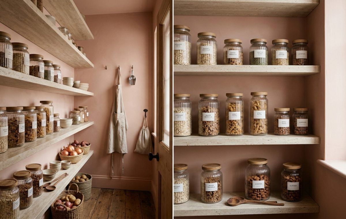 A boutique-inspired small pantry organization ideas layout featuring Farrow and Ball Setting Plaster walls and fluted glass jars on travertine shelves.