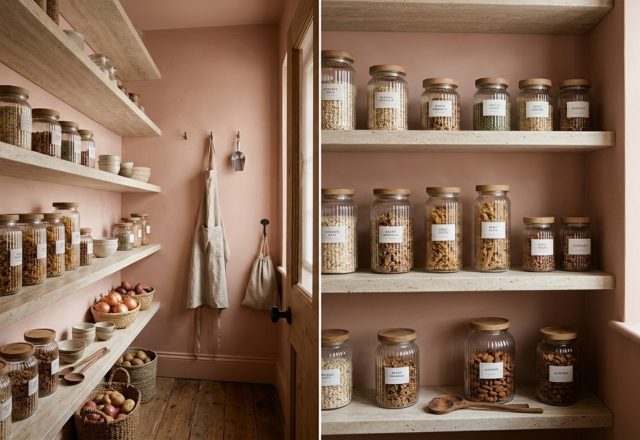 A boutique-inspired small pantry organization ideas layout featuring Farrow and Ball Setting Plaster walls and fluted glass jars on travertine shelves.