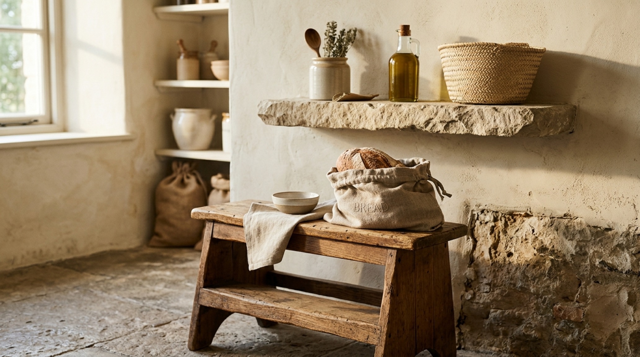 High-end kitchen organization featuring a concealed pocket door opening to a curated culinary gallery with limewash walls.