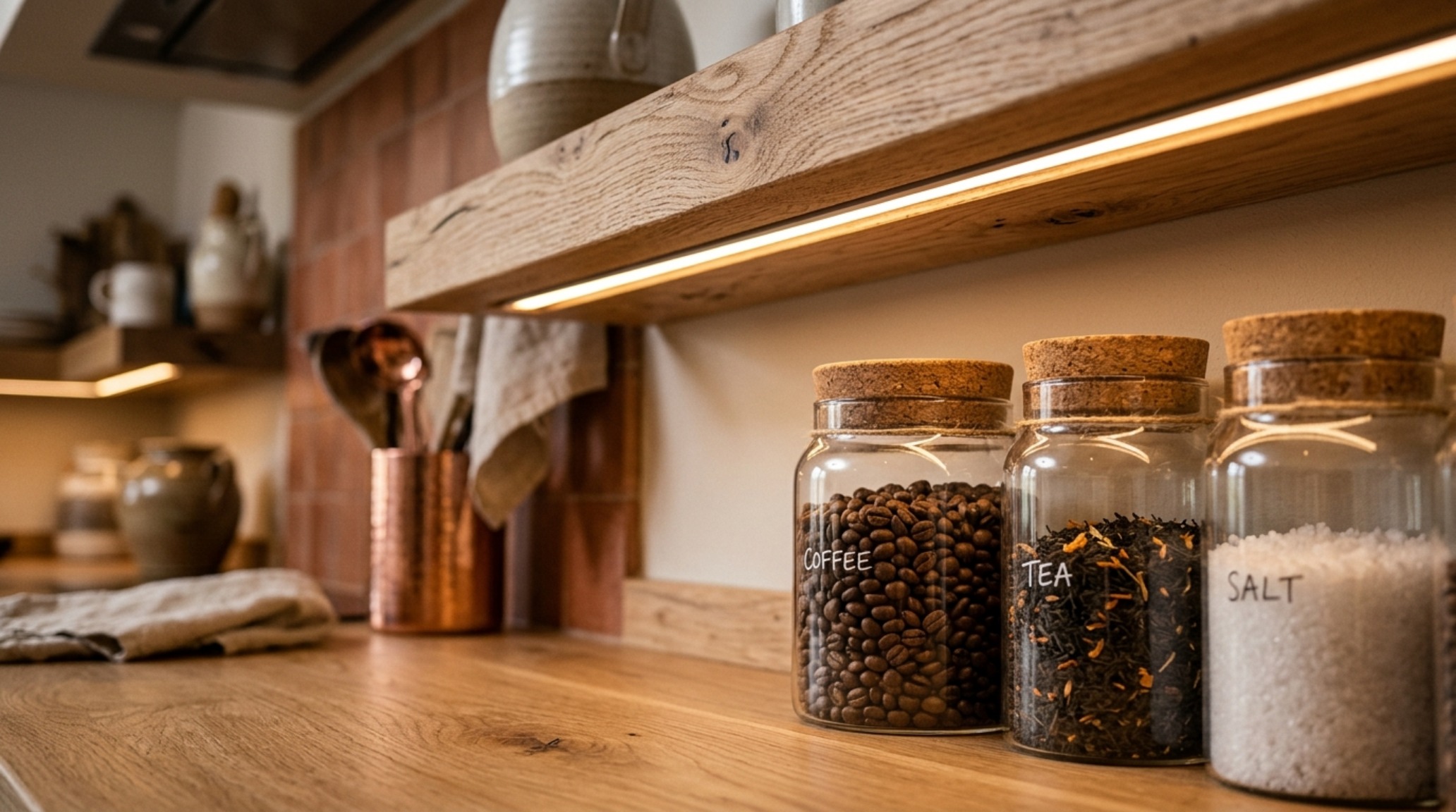 Detailed shot of 2700K warm-dim LED lighting integrated into bespoke white oak pantry shelving systems with high CRI output.