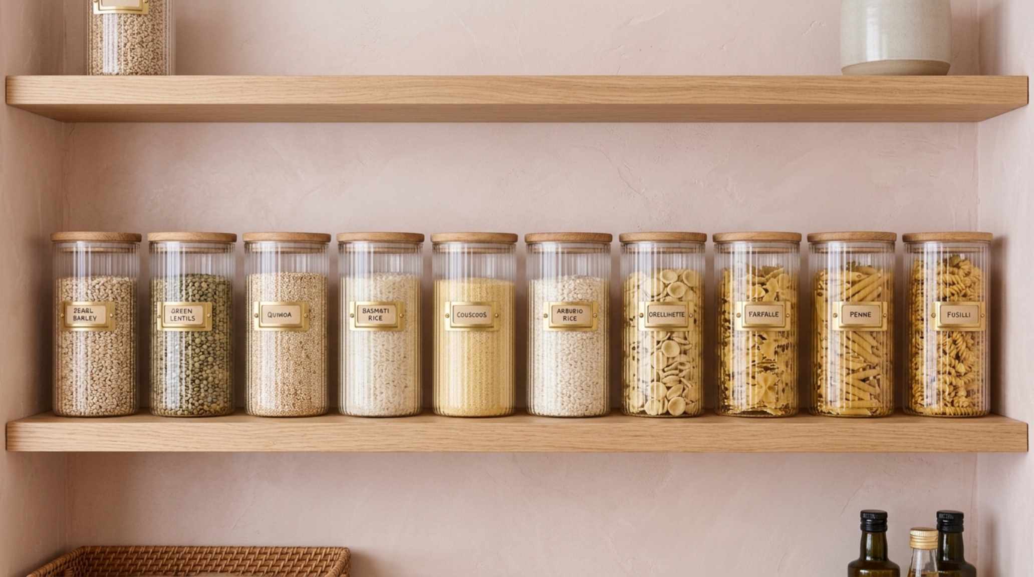 Symmetry in food storage solutions using fluted glass canisters and minimalist brass labeling in a high-end kitchen organization scheme.