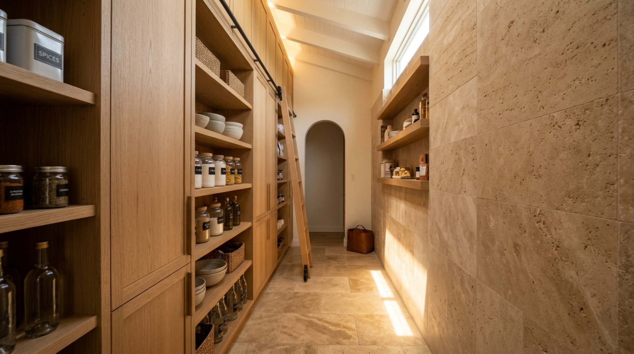 A narrow walk-in pantry featuring 36-inch walkway clearances and custom millwork in a soft monochromatic palette of clay and oak.