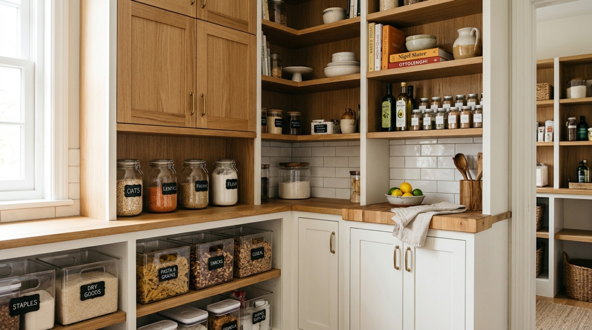 View of a back kitchen pantry with clear acrylic storage bins and organized dry goods under diffused directional lighting.