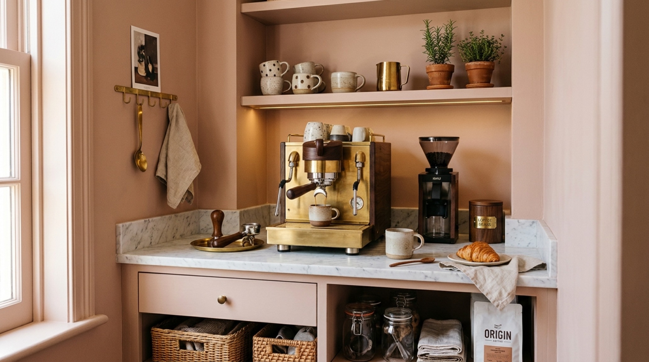 Architectural view of a small pantry shelves layout featuring vertical variety and a dedicated 18-inch coffee station reach.