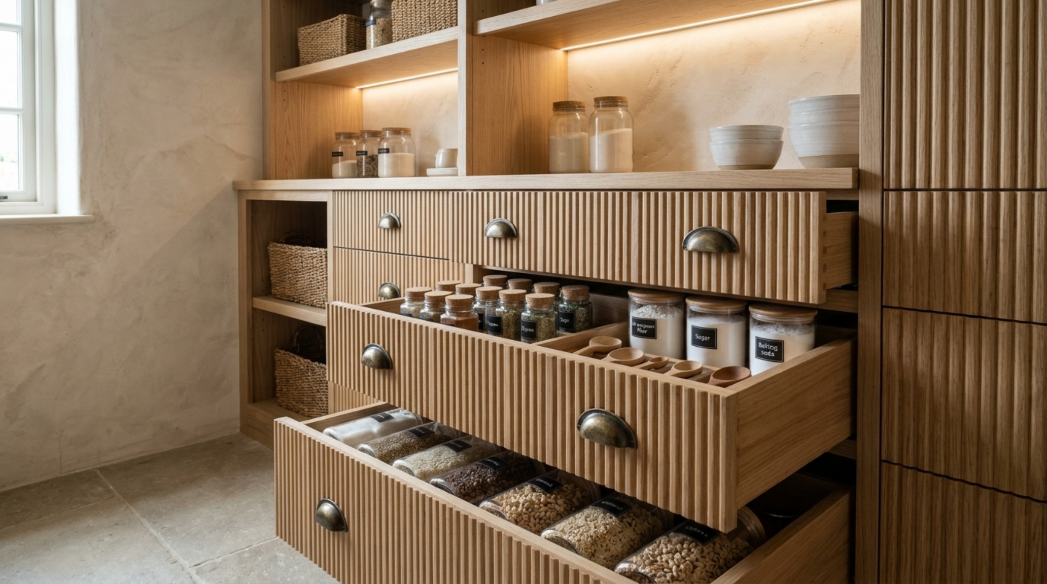 Minimalist pantry labeling aesthetics with embossed brass tags on fluted oak drawers for sophisticated kitchen organization.