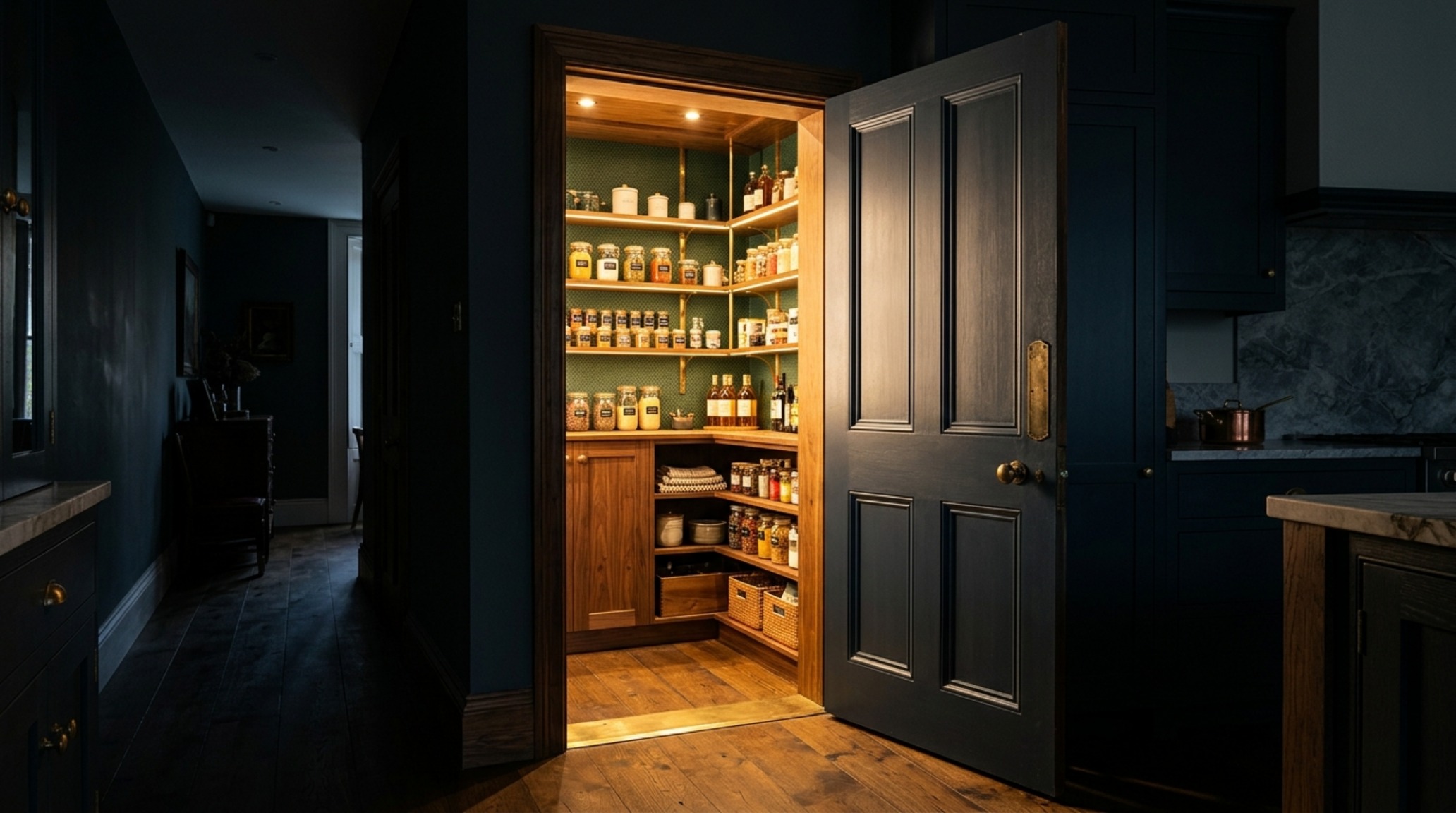 Interplay of light and shadow on fluted glass storage jars within a warm 2700K atmospheric pantry environment.