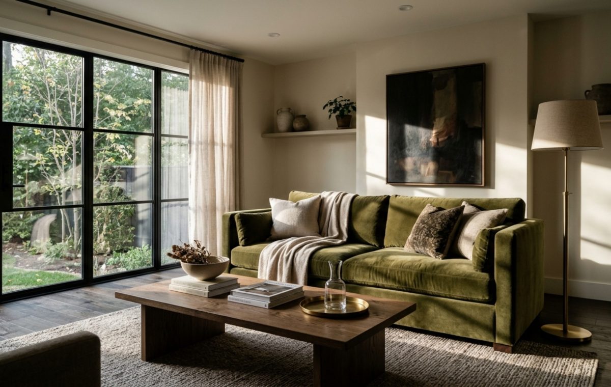 luxury rental interior design featuring a deep olive velvet sofa, brushed brass floor lamp, and mocha-toned wood accents in a sunlit urban living room.