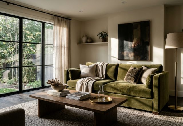 luxury rental interior design featuring a deep olive velvet sofa, brushed brass floor lamp, and mocha-toned wood accents in a sunlit urban living room.