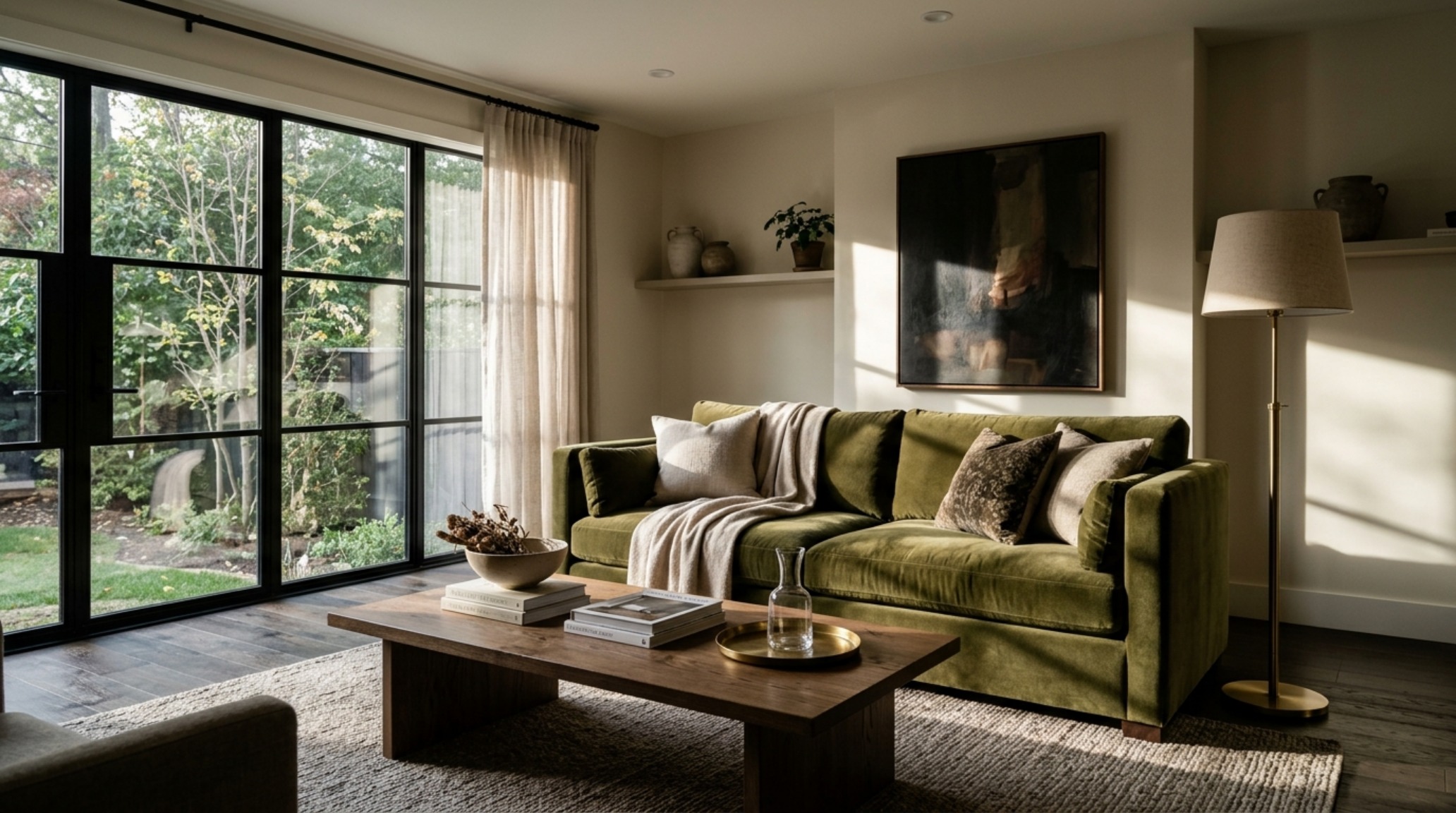 luxury rental interior design featuring a deep olive velvet sofa, brushed brass floor lamp, and mocha-toned wood accents in a sunlit urban living room. luxury rental interior design featuring a deep olive velvet sofa, brushed brass floor lamp, and mocha-toned wood accents in a sunlit urban living room.