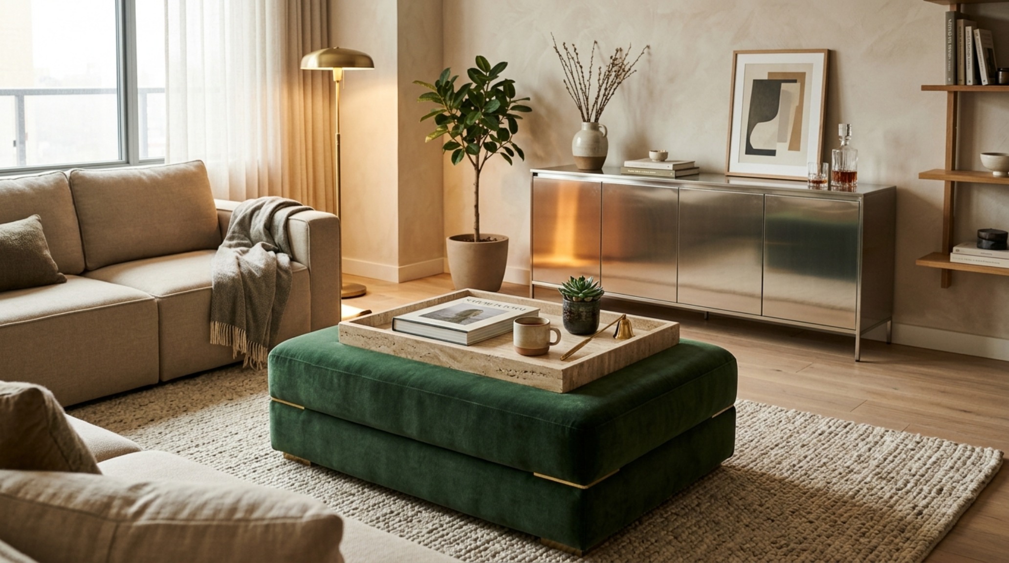 modular apartment furniture setup with a versatile storage ottoman in forest green mohair and a sleek metallic credenza. modular apartment furniture setup with a versatile storage ottoman in forest green mohair and a sleek metallic credenza.