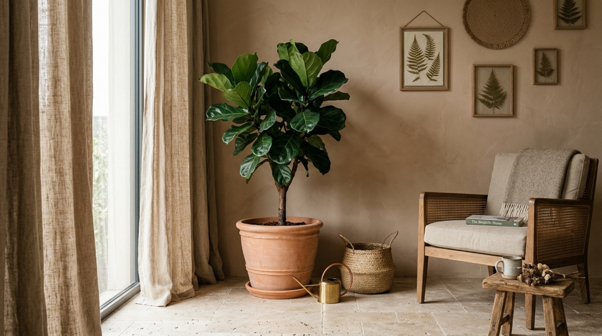 biophilic apartment decor showcasing a collection of architectural plants in terracotta pots set against a warm matte plaster wall with linen drapes. biophilic apartment decor showcasing a collection of architectural plants in terracotta pots set against a warm matte plaster wall with linen drapes.