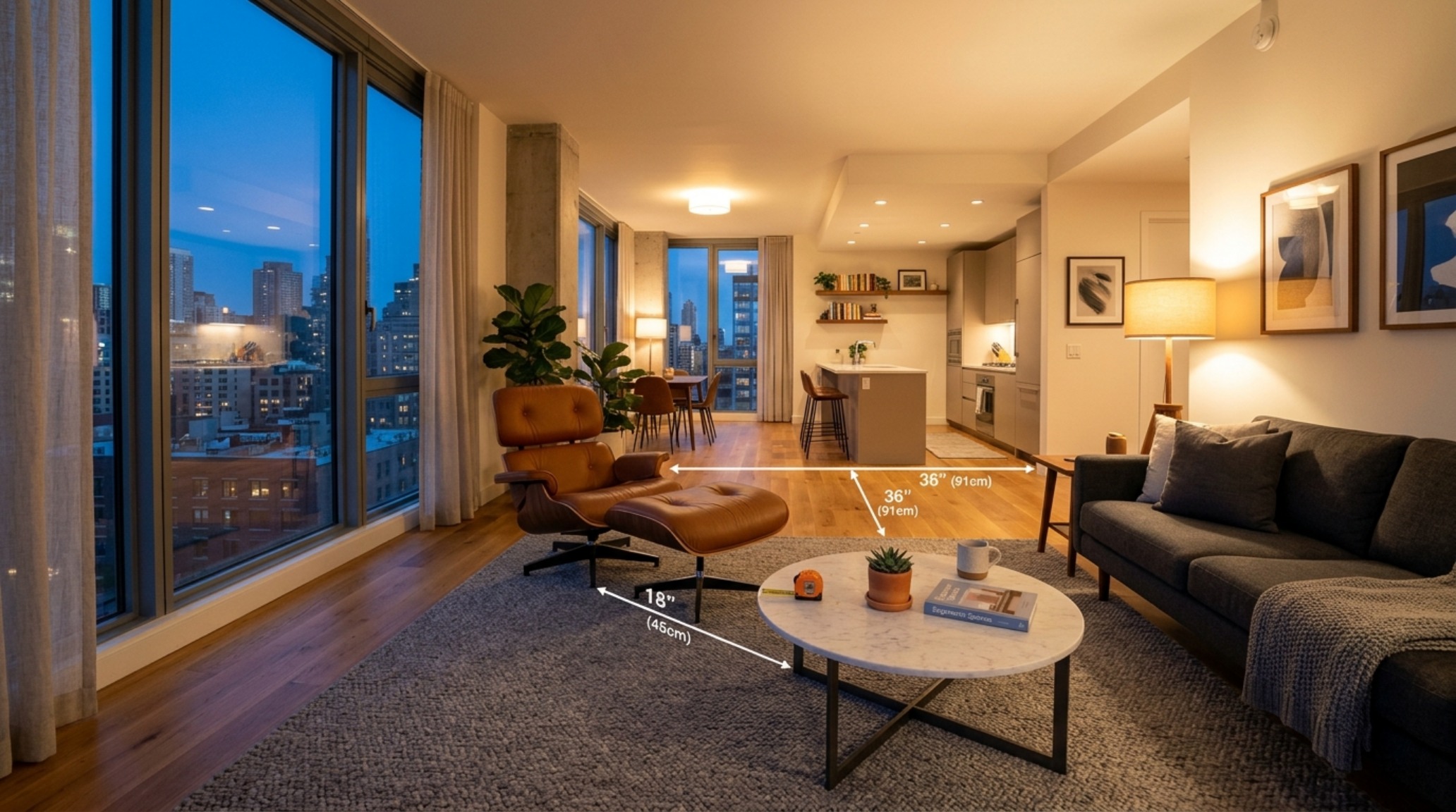 ergonomic apartment living room with a cognac leather armchair, a marble coffee table at an 18-inch reach, and 36-inch clear circulation paths. ergonomic apartment living room with a cognac leather armchair, a marble coffee table at an 18-inch reach, and 36-inch clear circulation paths.