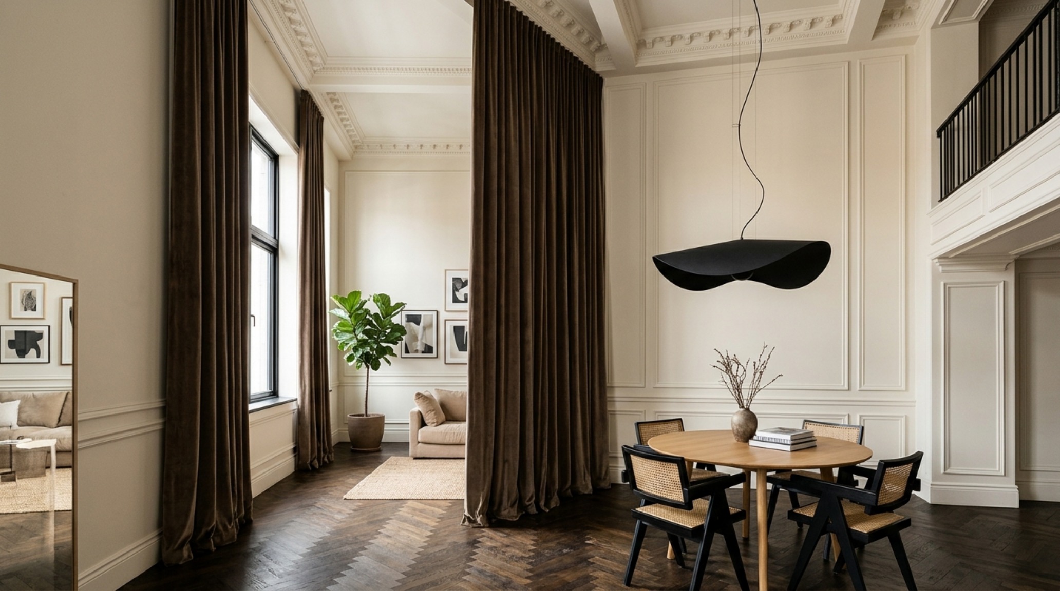 high-ceiling apartment styling with floor-to-ceiling charcoal velvet drapes, an oversized architectural pendant light, and mid-century modern furniture. high-ceiling apartment styling with floor-to-ceiling charcoal velvet drapes, an oversized architectural pendant light, and mid-century modern furniture.