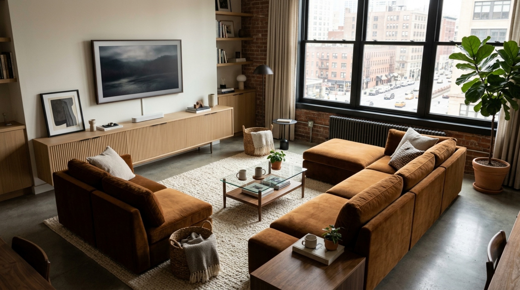 modular apartment furniture displaying a tobacco-colored velvet sectional sofa on a high-pile wool rug in an open-concept studio space. modular apartment furniture displaying a tobacco-colored velvet sectional sofa on a high-pile wool rug in an open-concept studio space.
